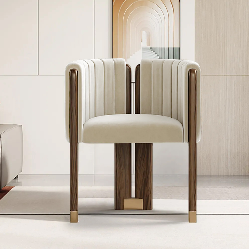 Modern Wood Accent Chair Beige Velvet Upholstered Arm Chair Set of 4