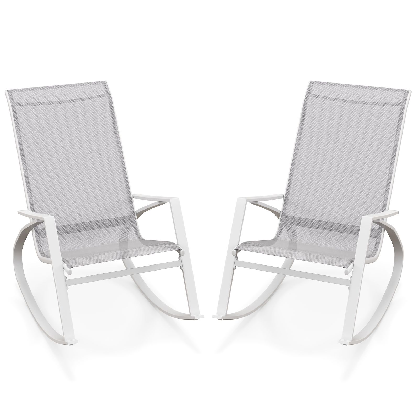 Costway 2 Pieces Patio Rocking Chairs Outdoor Sling Fabric Rockers with Backrest in Grey