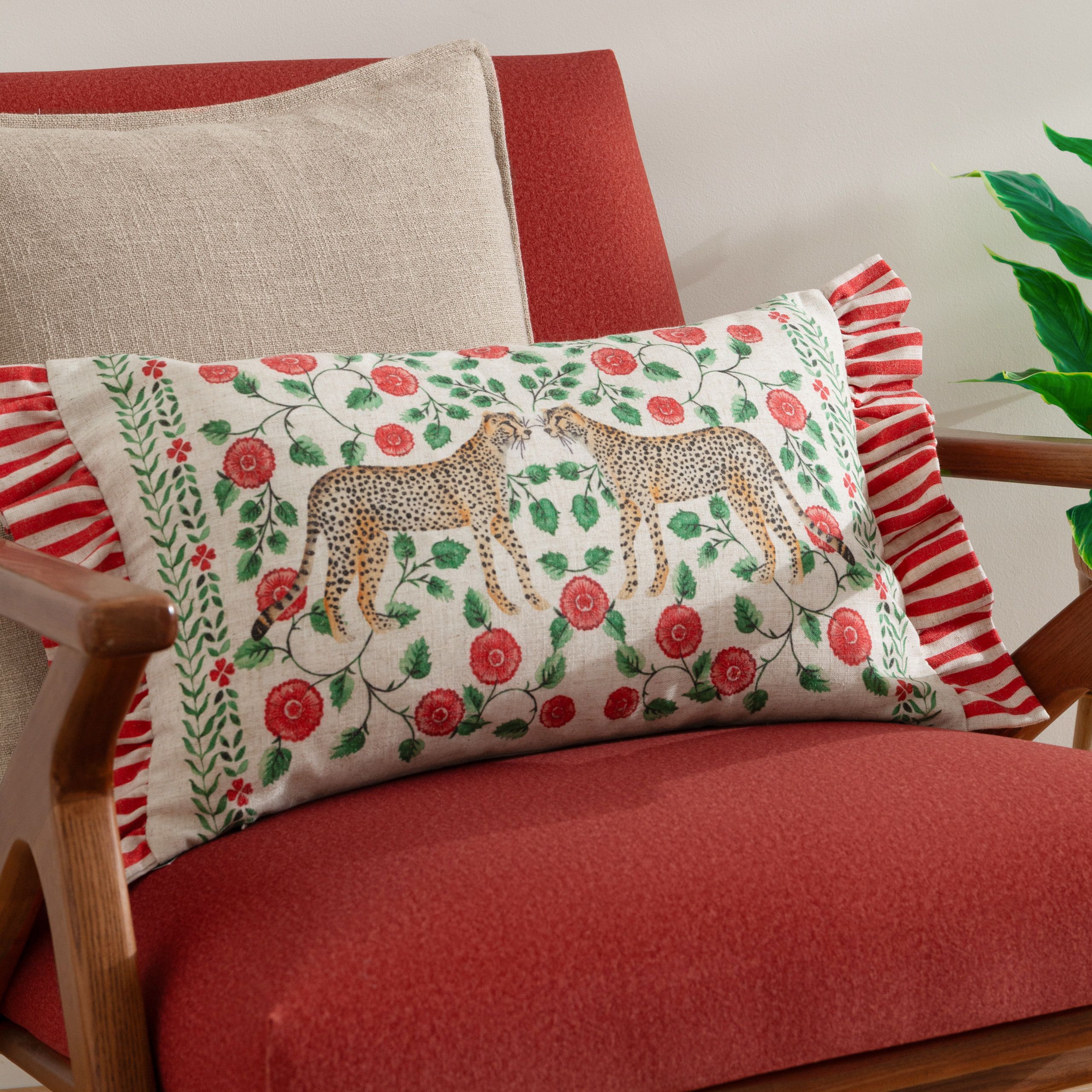 Wylder Tropics Okara Leopards Printed Ruffle Cushion in Red