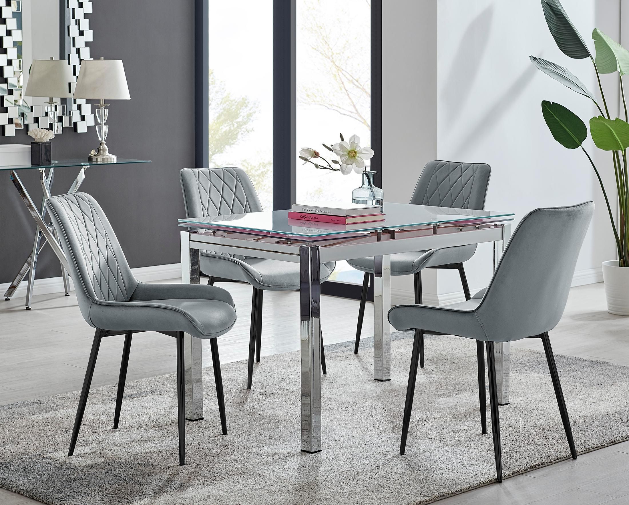 FurnitureboxUK Enna White Glass Extending 4-6 Seater Dining Table & 4 Pesaro Soft Velvet Chairs in Grey