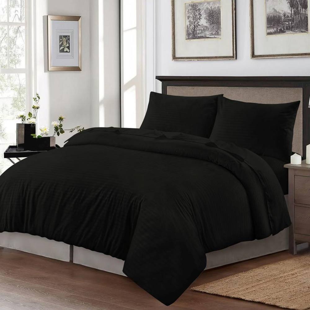Homes-Linen Luxury Brushed Microfiber Stripe Duvet Cover Set with Pillowcases in Black