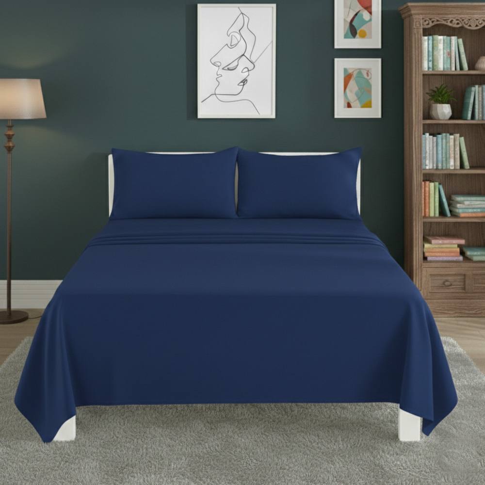 Snug City Easy Care Flat Bed Sheet Polycotton Durable Low Maintenance Bedding in Blue