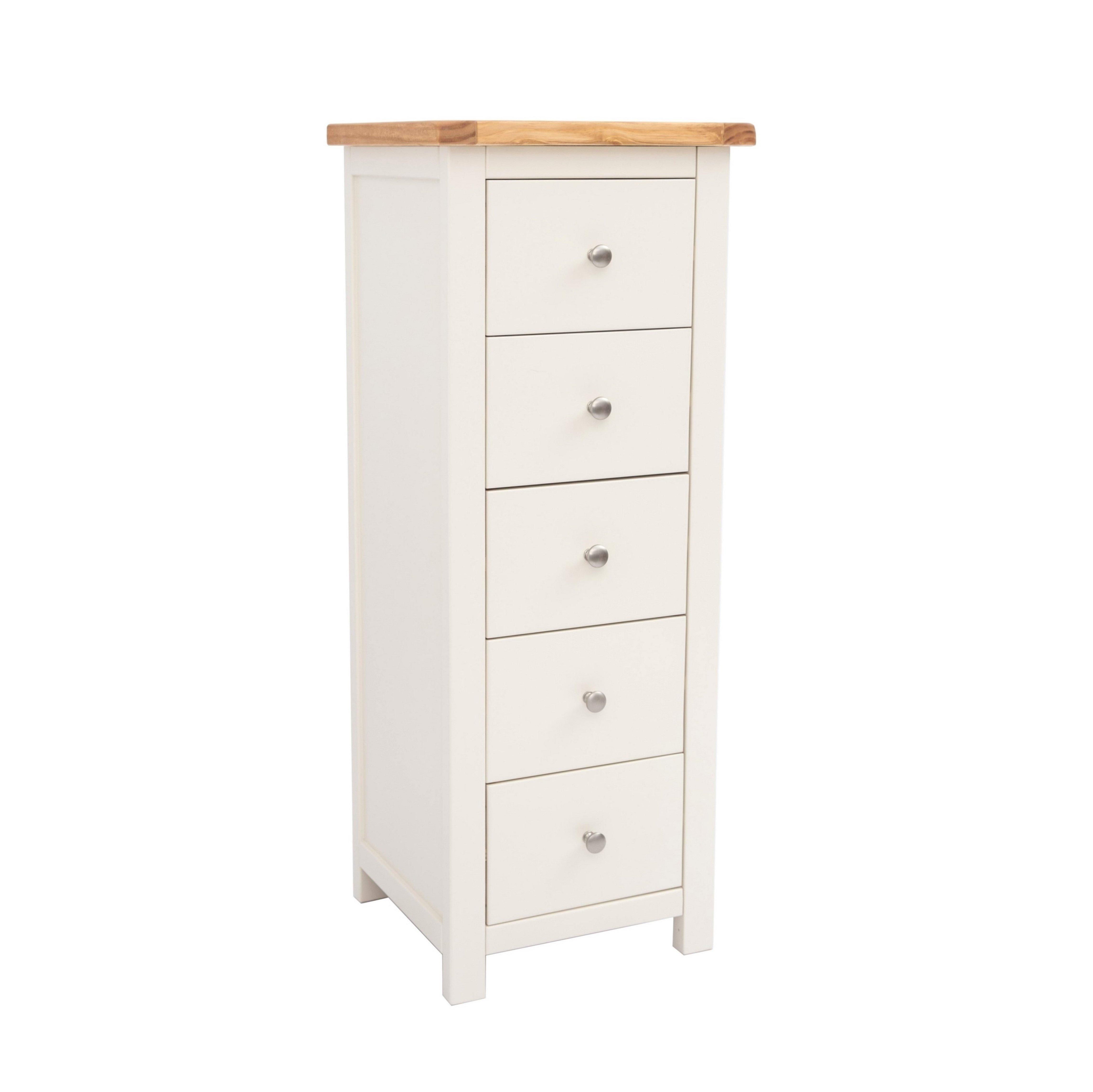Cabinet Bits Maggiori 5 Drawer Narrow Chest of Drawers Chrome Knob in Off-White