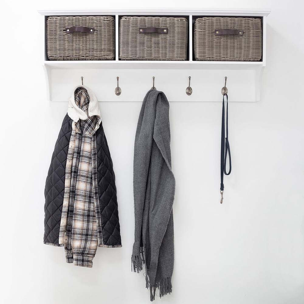 Statement Furniture Tetbury Large Coat Rack Hanging Shelf with 3 Grey Storage Baskets in White