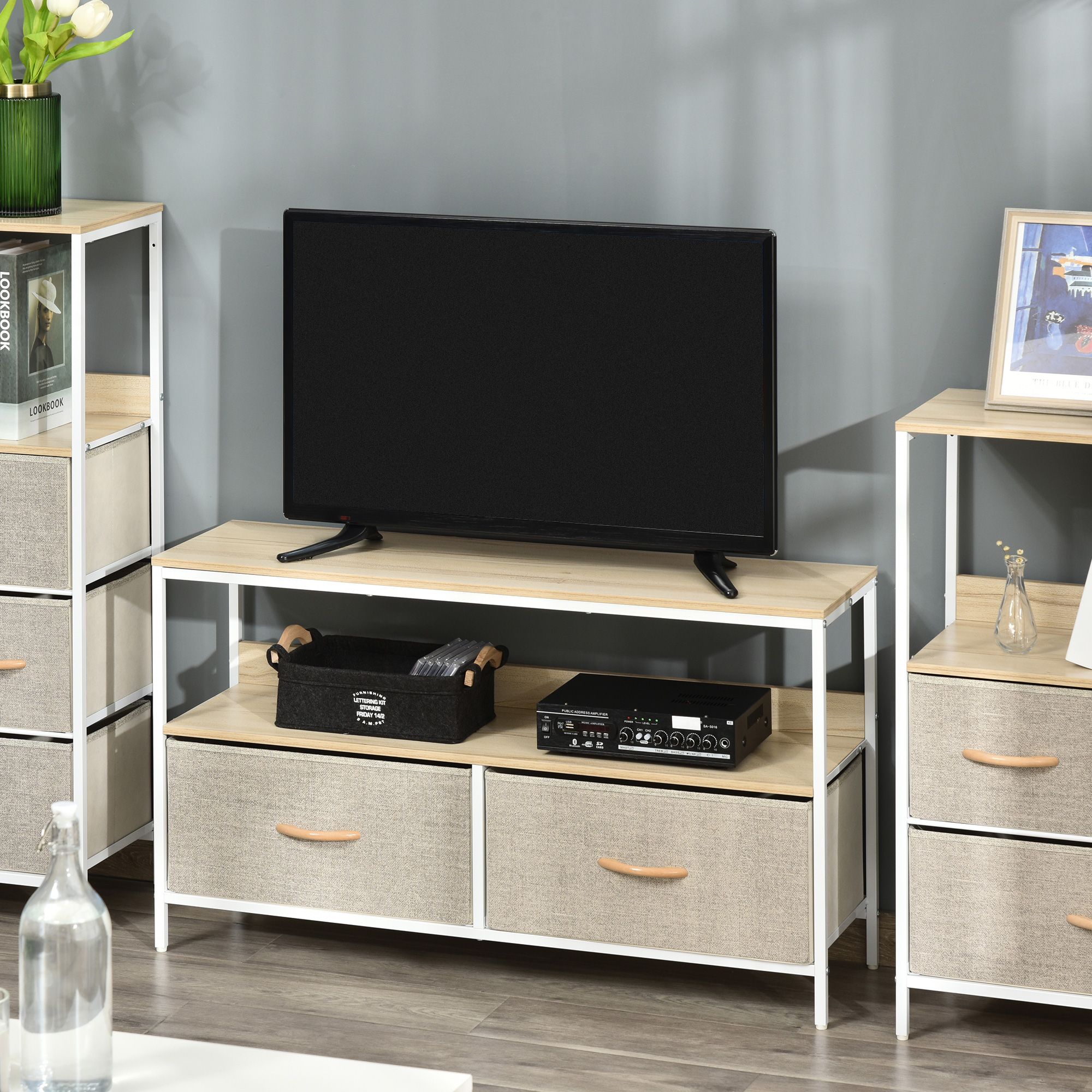 HOMCOM Cabinet, TV Console Unit W/ Foldable Linen Drawers, TV Stand for Living Room in Light Grey