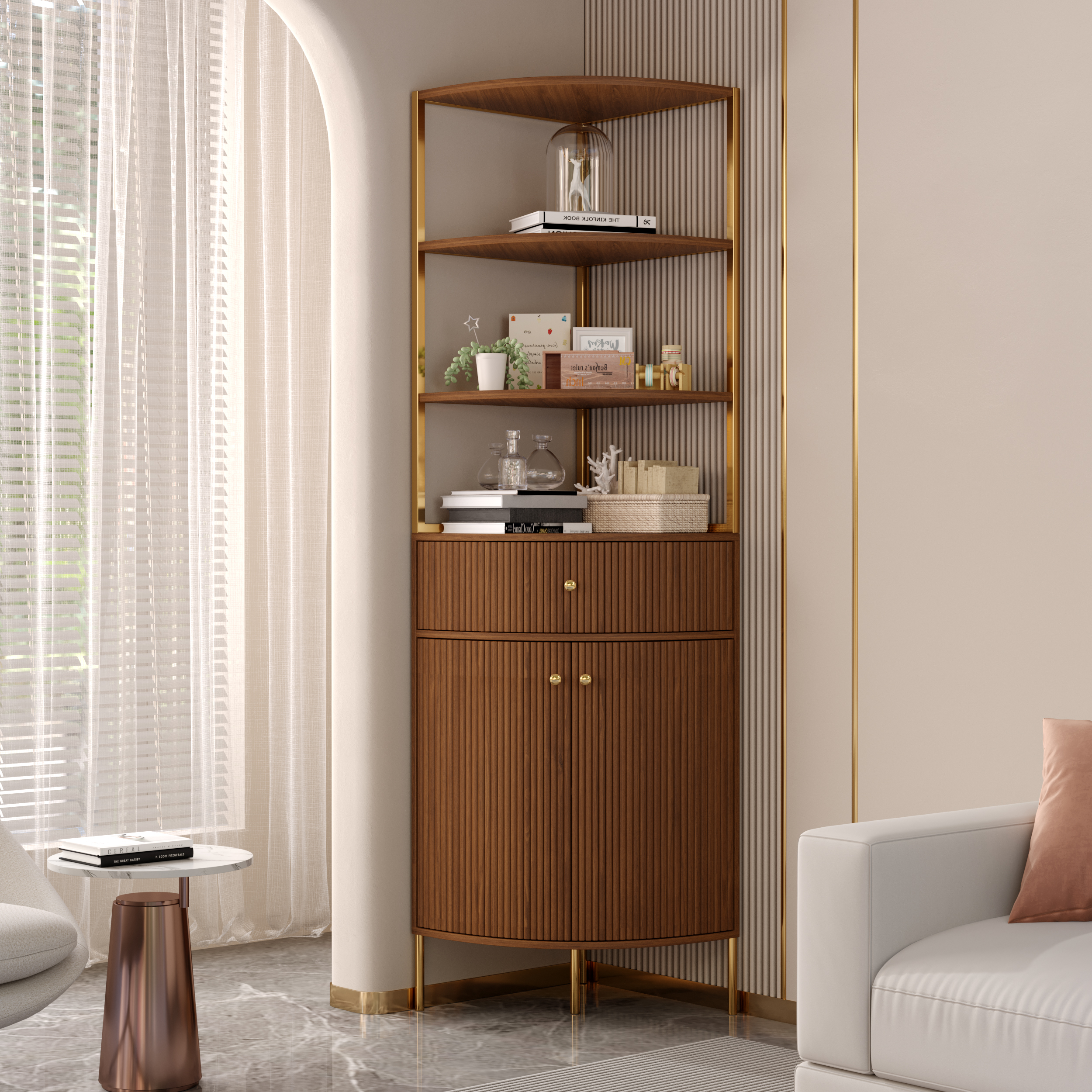 Modern 75" Walnut Etagere Corner Bookshelf with Drawer and 2-Door Cabinet