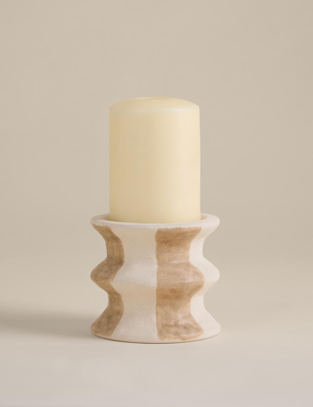 M&S Striped Ceramic Pillar Candle Holder Neutral