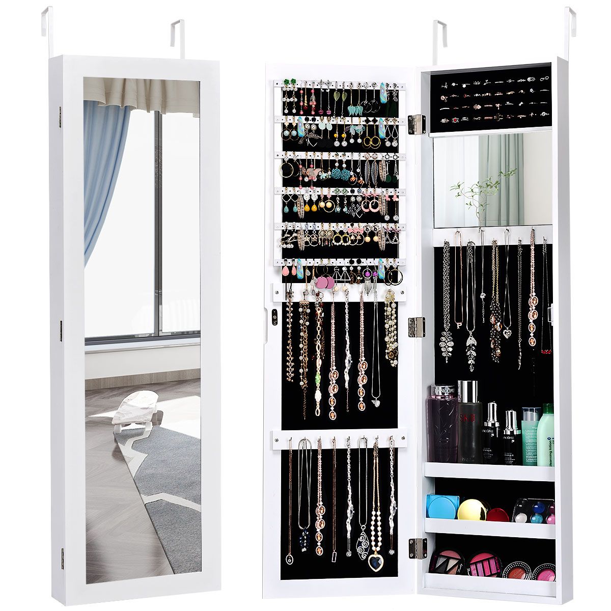 Costway Wall Mounted Jewelry Cabinet Jewelry Armoire w/Full-Length Mirror in White