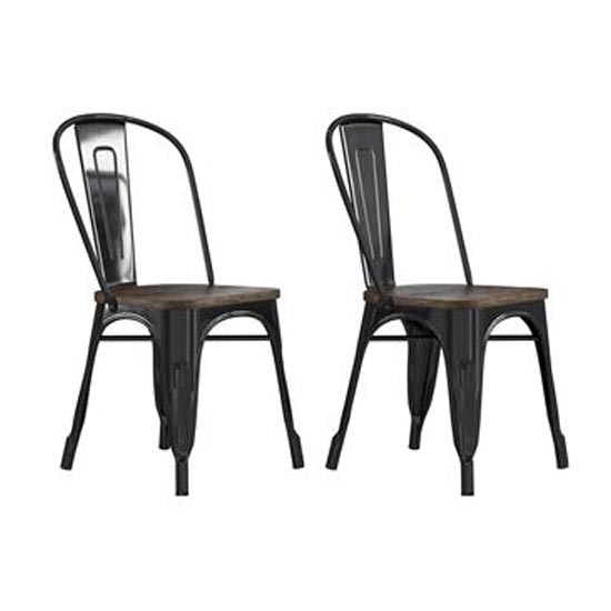 Fusion Black Metal Dining Chairs With Wood Seat In Pair