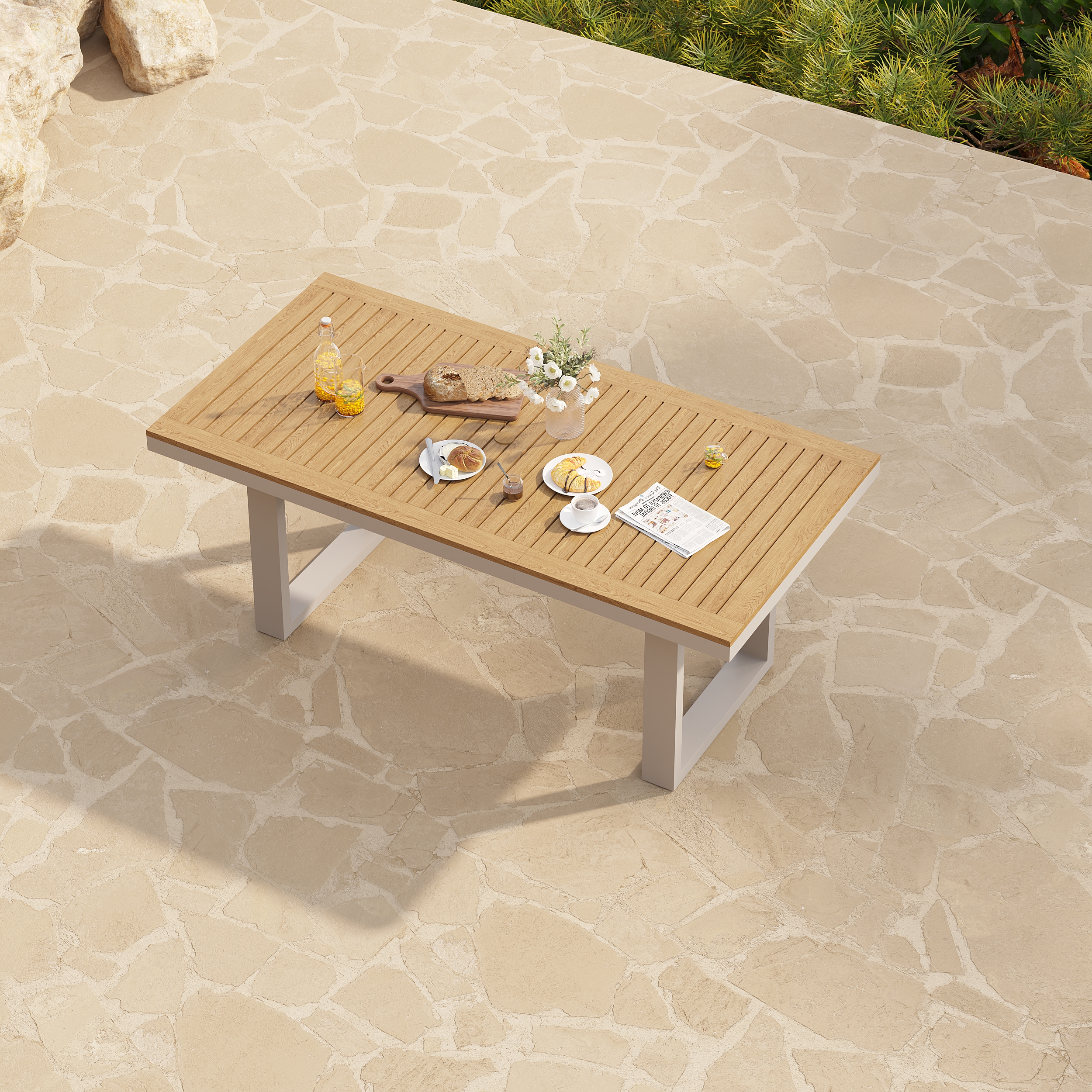 Tevara 6-Person Rectangle Teak & Aluminium Outdoor Patio Dining Table in Sand
