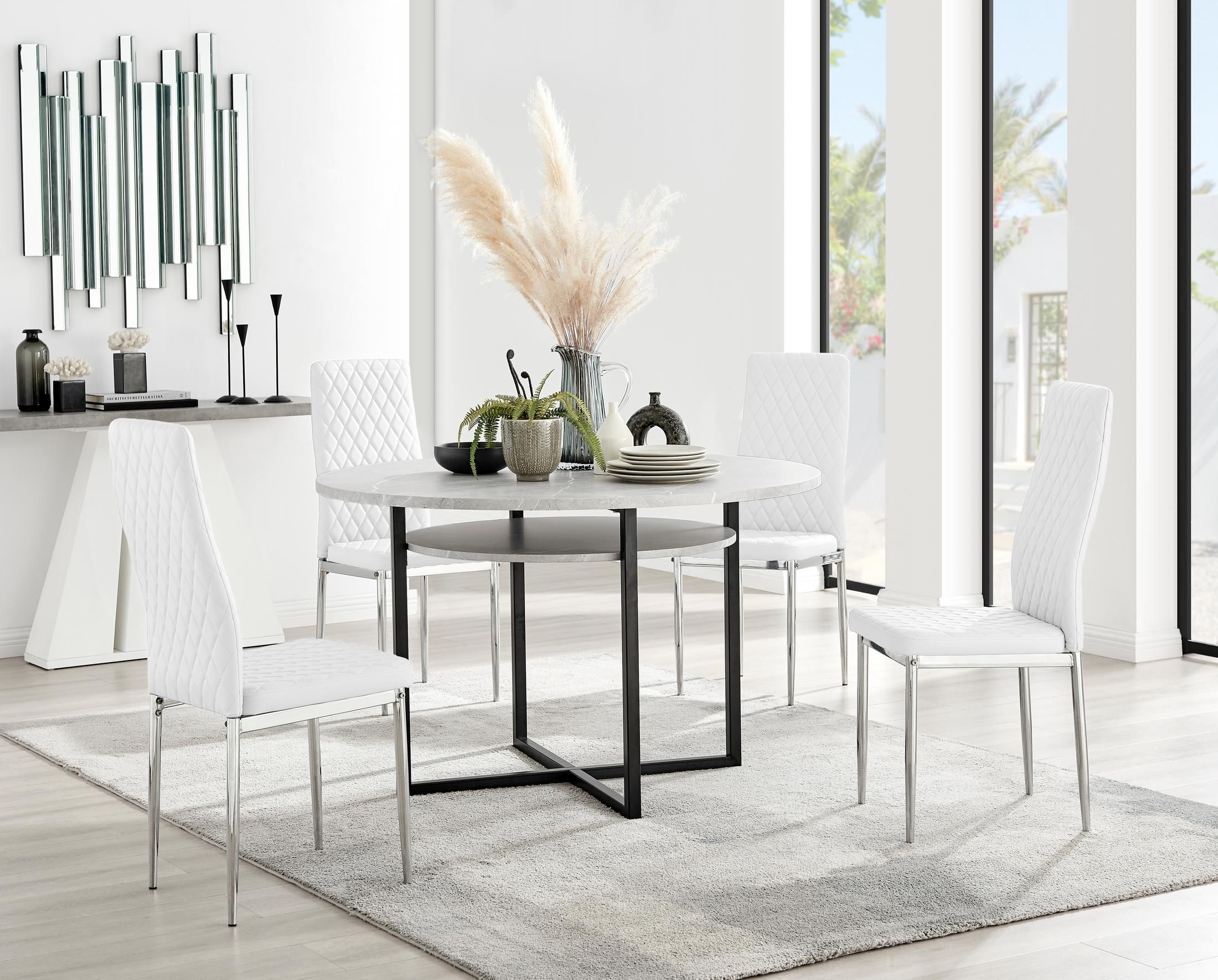 FurnitureboxUK Adley Grey Concrete Effect Round Dining Table & 4 Milan Chrome Leg Faux Leather Chairs in White