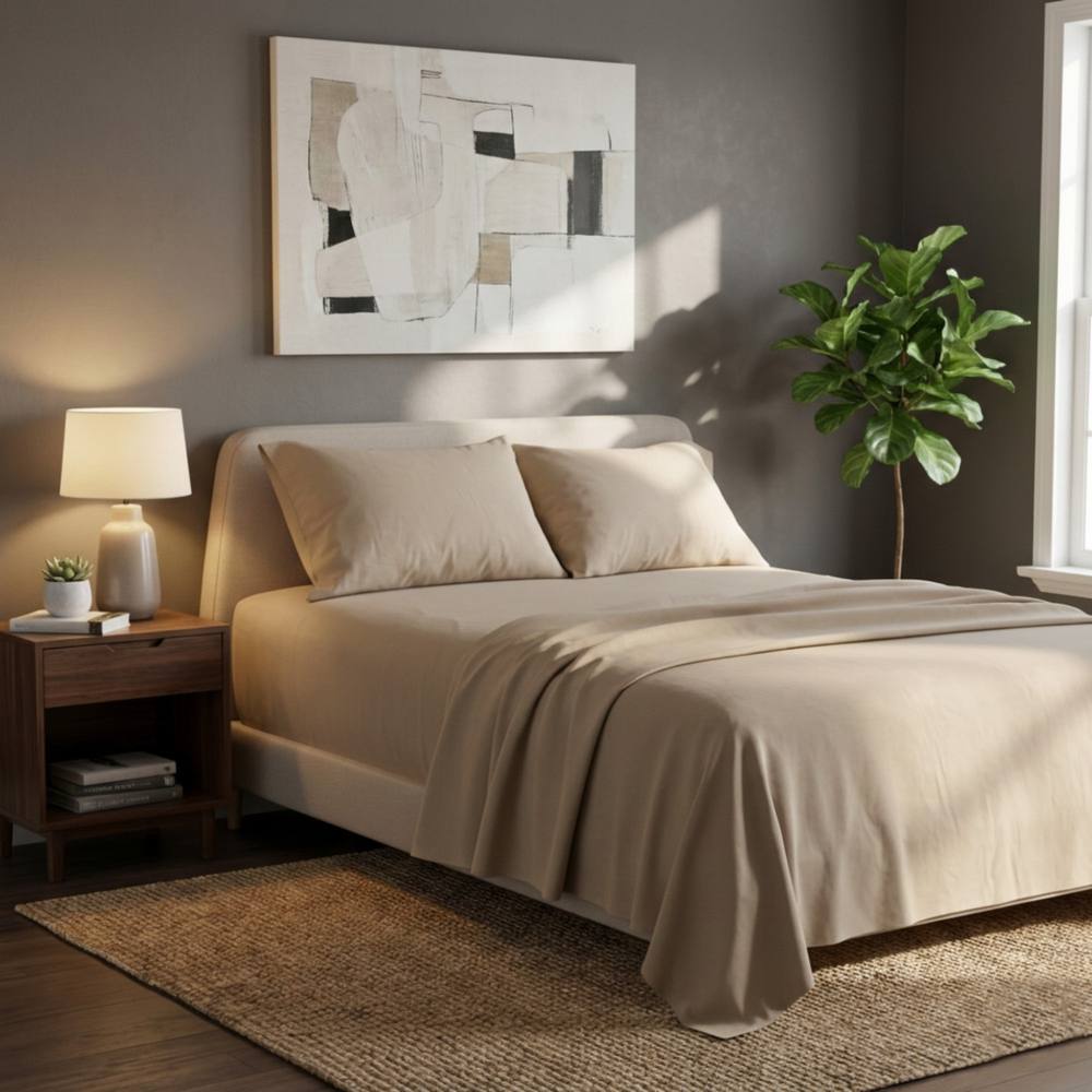 Snug City Soft Plain Brushed Cotton Fitted Flat Sheet Matching Pillowcases Set in Beige