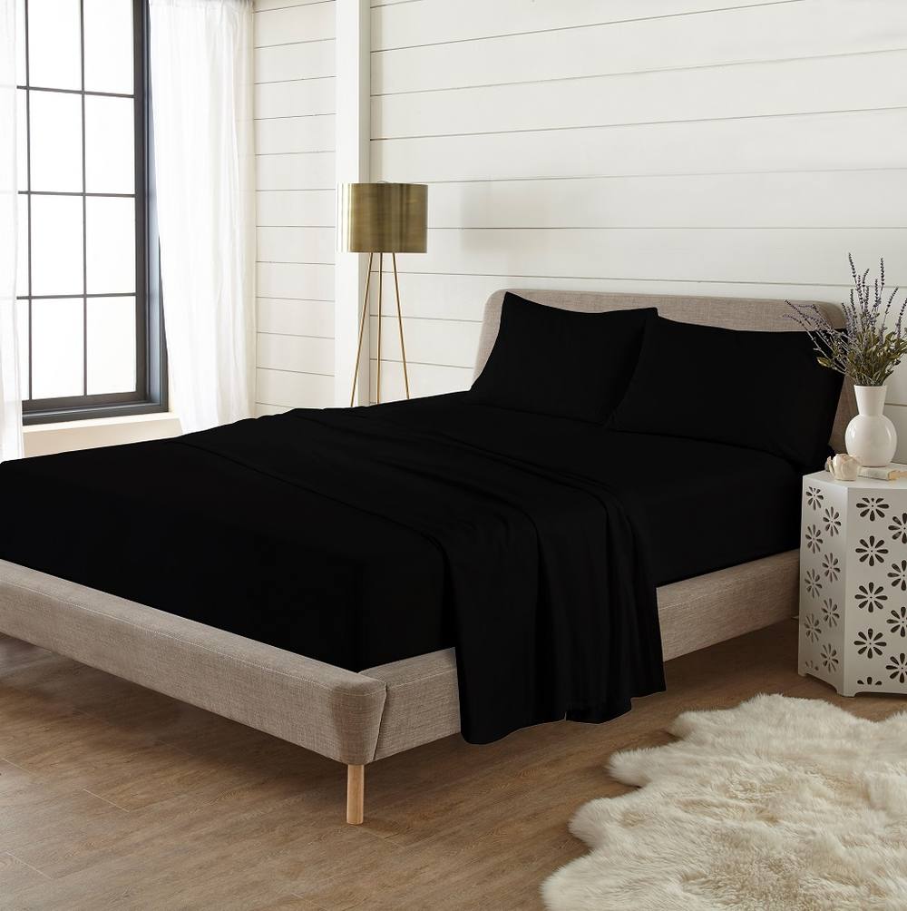 Homes-Linen Plain Thermal Flannelette Flat Sheet 100% Brushed Cotton Bedding in Black
