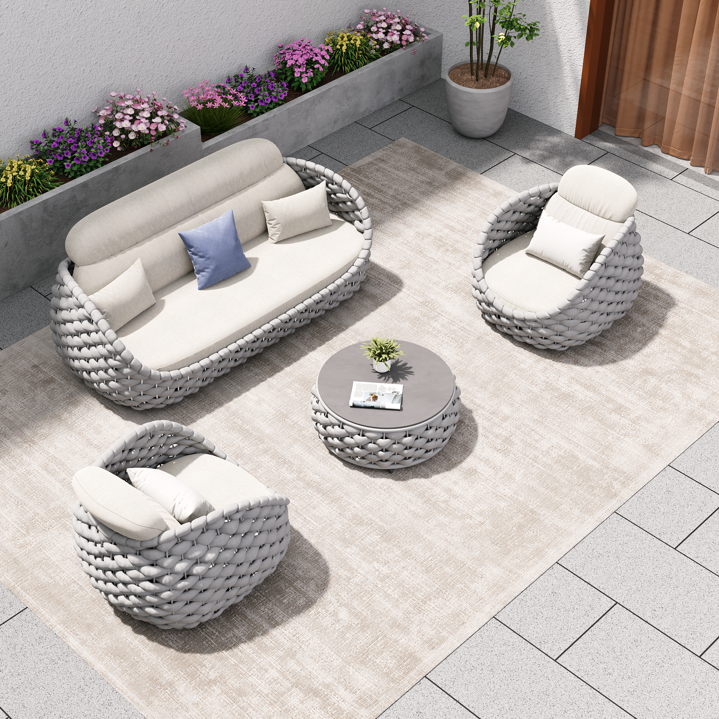 4 PCS Woven Rope Garden Sectional Sofa Set Modern Yard & Patio Furniture for 4 Person in Warm White Cushion & Pillow Included