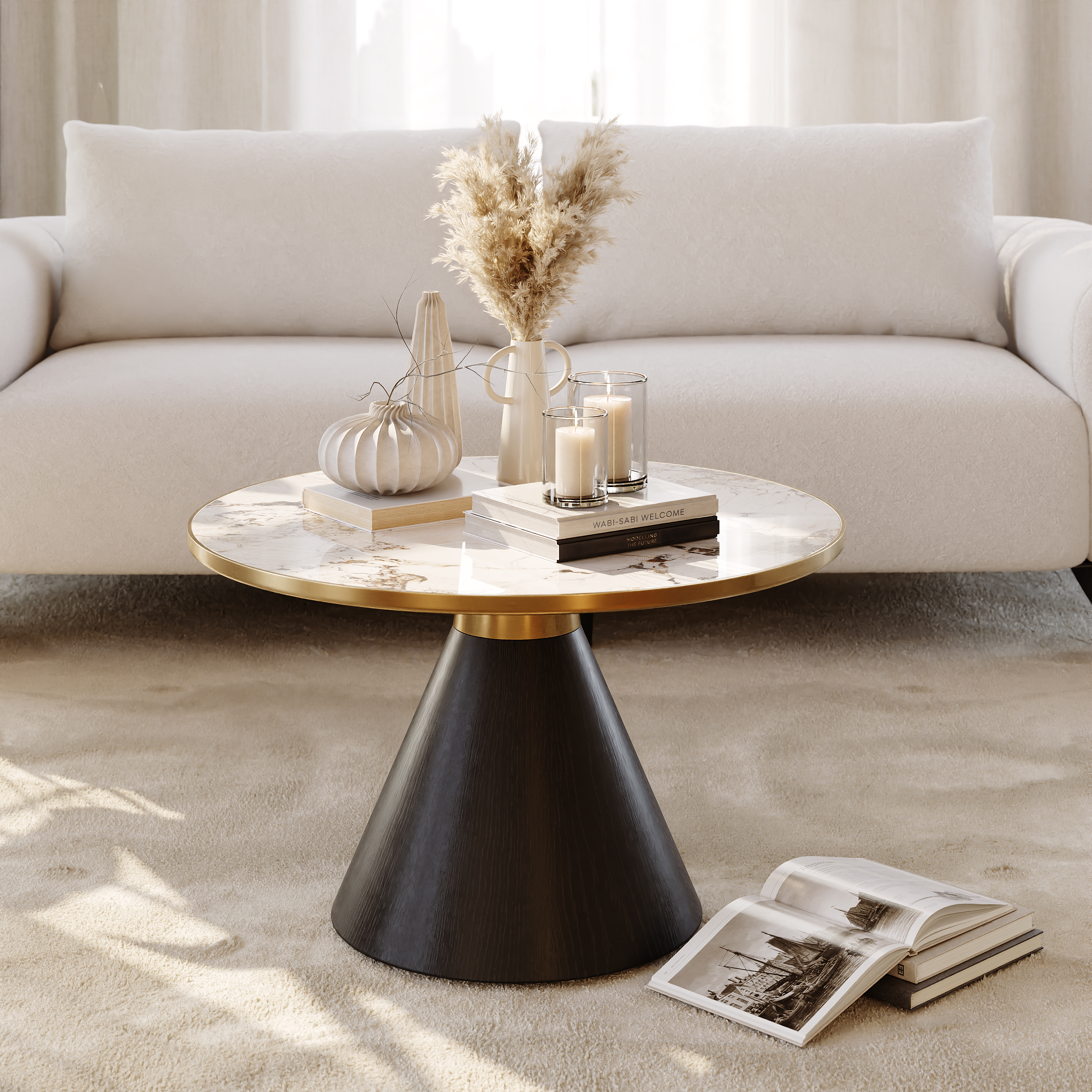 Sintered Stone Round Coffee Table Modern Black Living Room Furniture