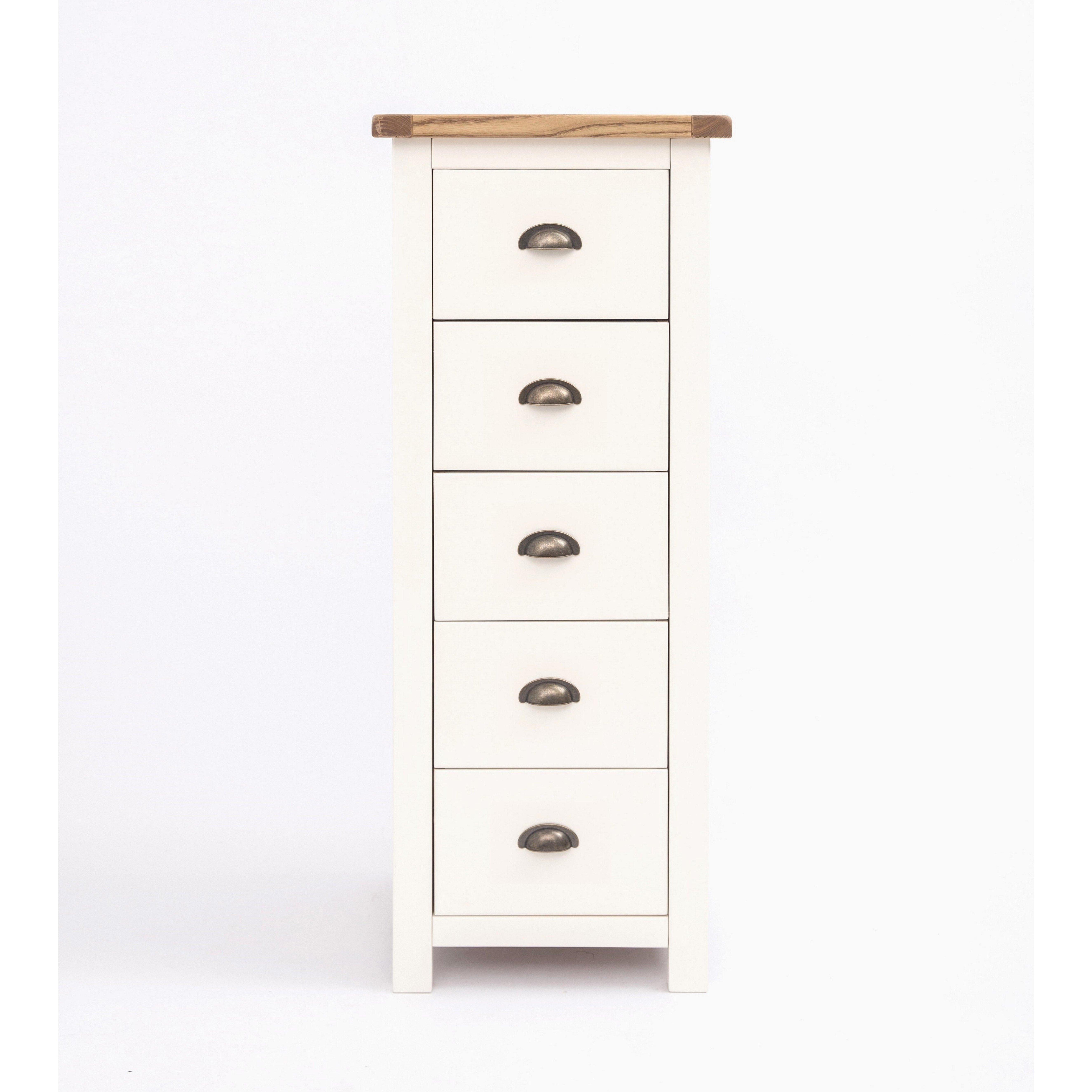 Cabinet Bits Lovere 5 Drawer Narrow Chest of Drawers Brass Cup Handle in Off-White