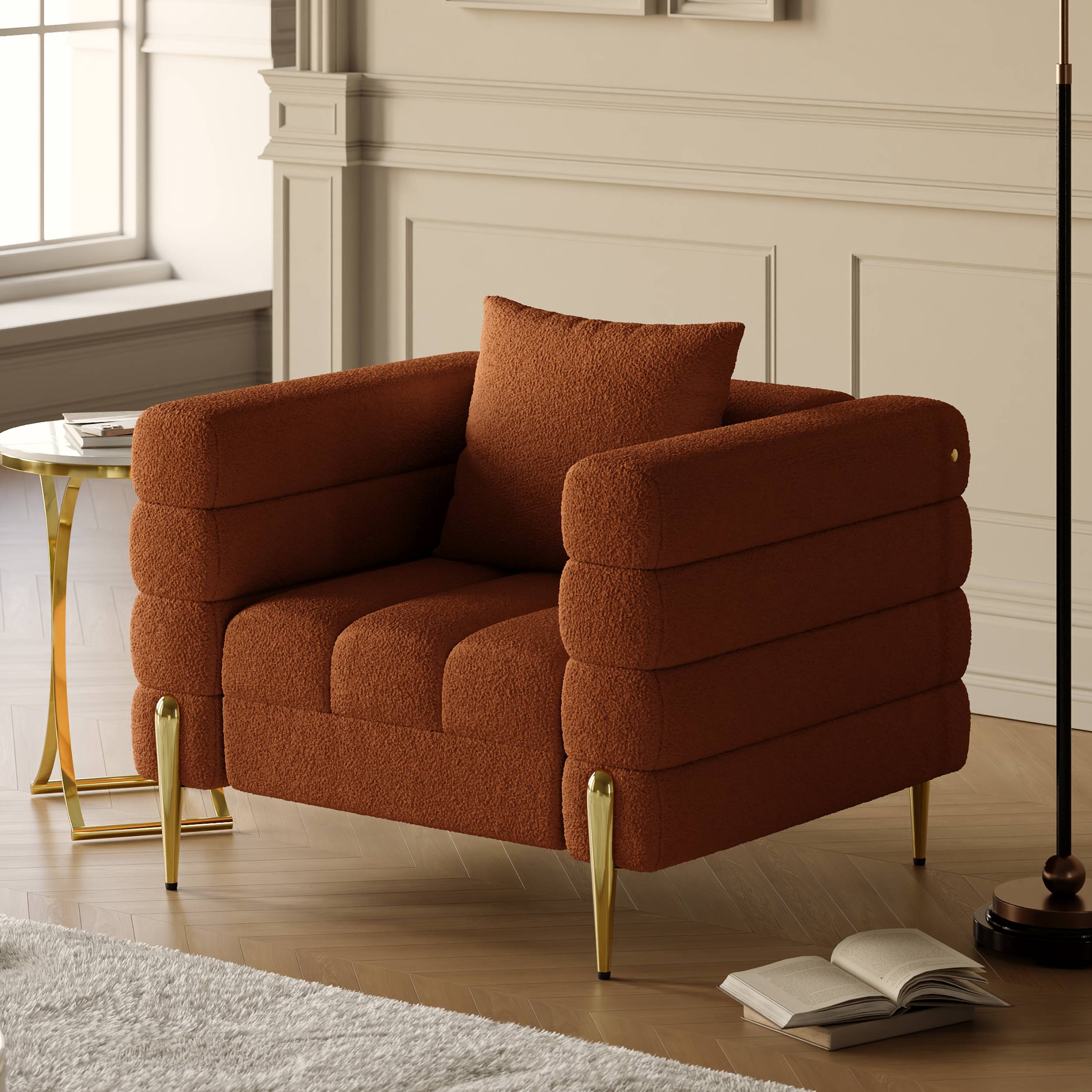 Rust Boucle Accent Chair Modern Modular Arm Chair
