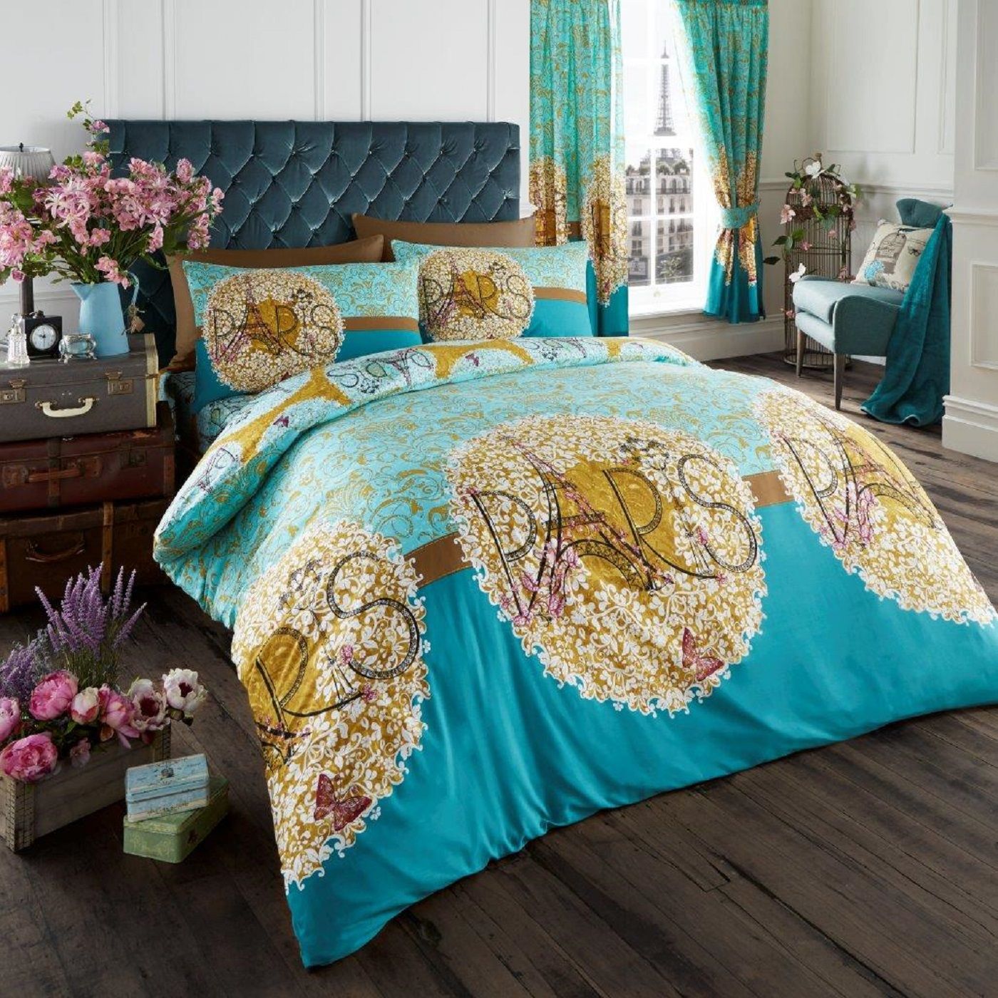Smart Living Printed Polycotton Oooh Lala Duvet Cover With Pillowcases in Teal