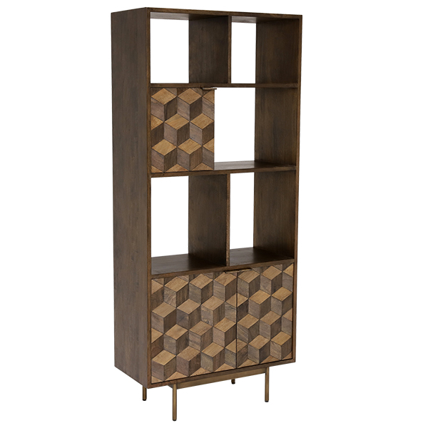 Facet 3 Door Shelving Unit  Dark Mango Wood and Brass