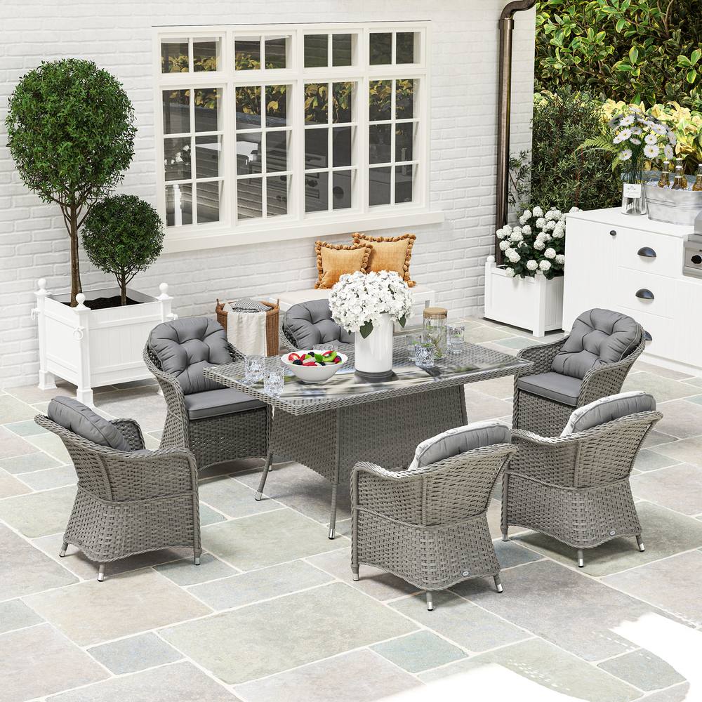 OUTSUNNY PE Rattan Garden Dining Set for 6 with Seat & Back Cushions in Light Grey