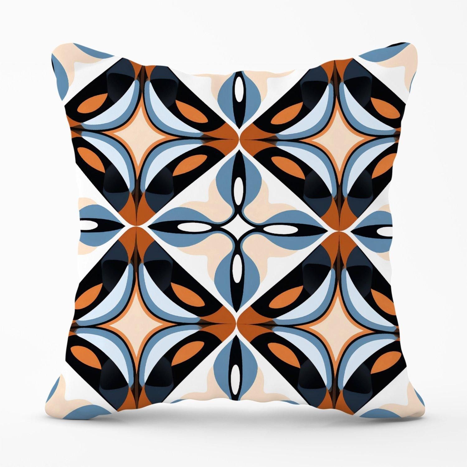 Warren Reed - Designer Brown & Blue Geometric Pattern Outdoor Cushion