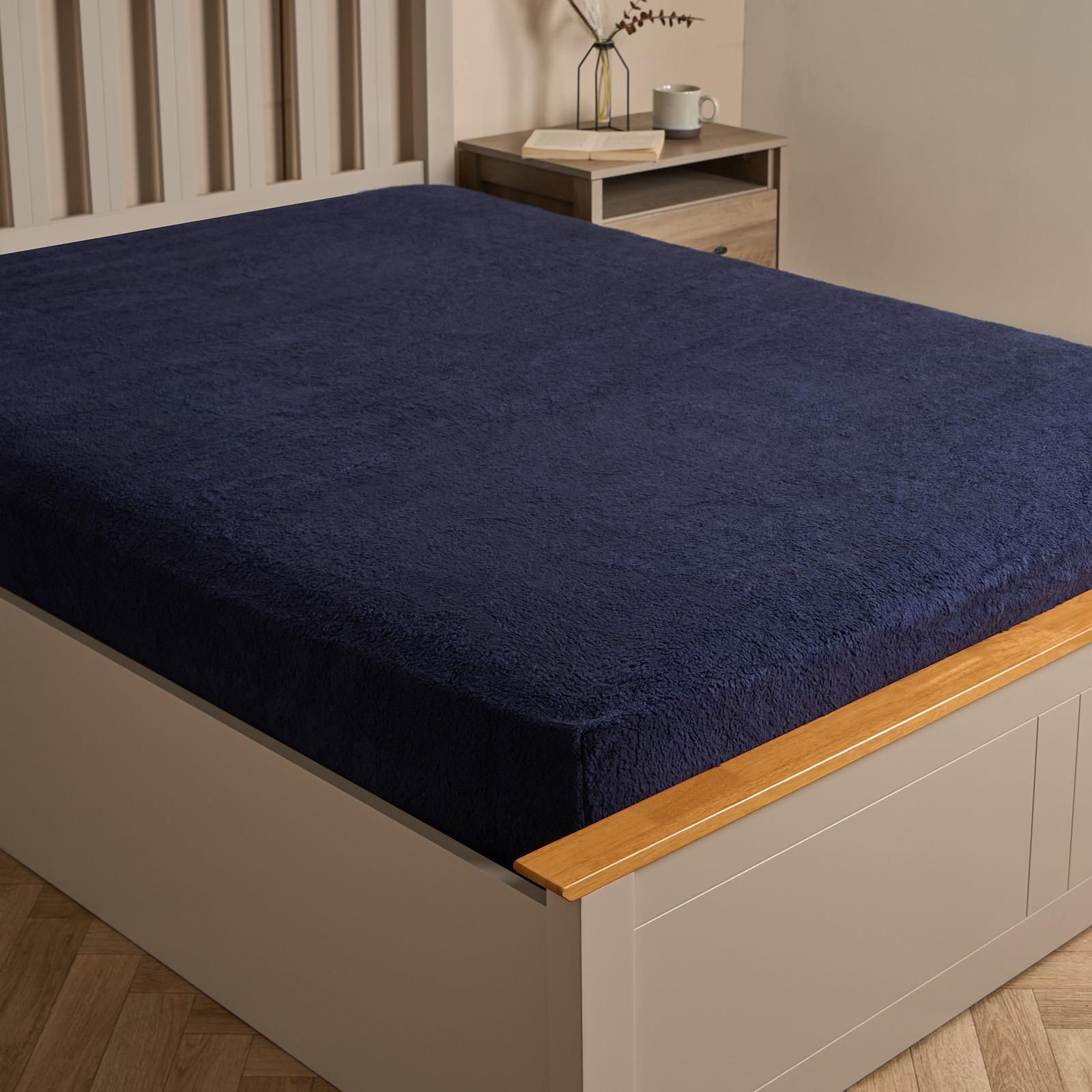OHS Teddy Fleece Thermal Fitted Bed Sheet in Dark Navy | Size: Double Fitted