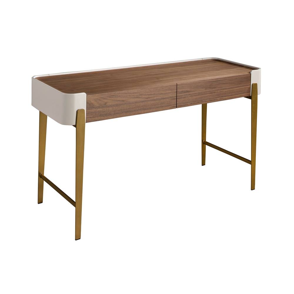 Angel Cerda Walnut Veneer Desk with Beige Lacquer & Gold