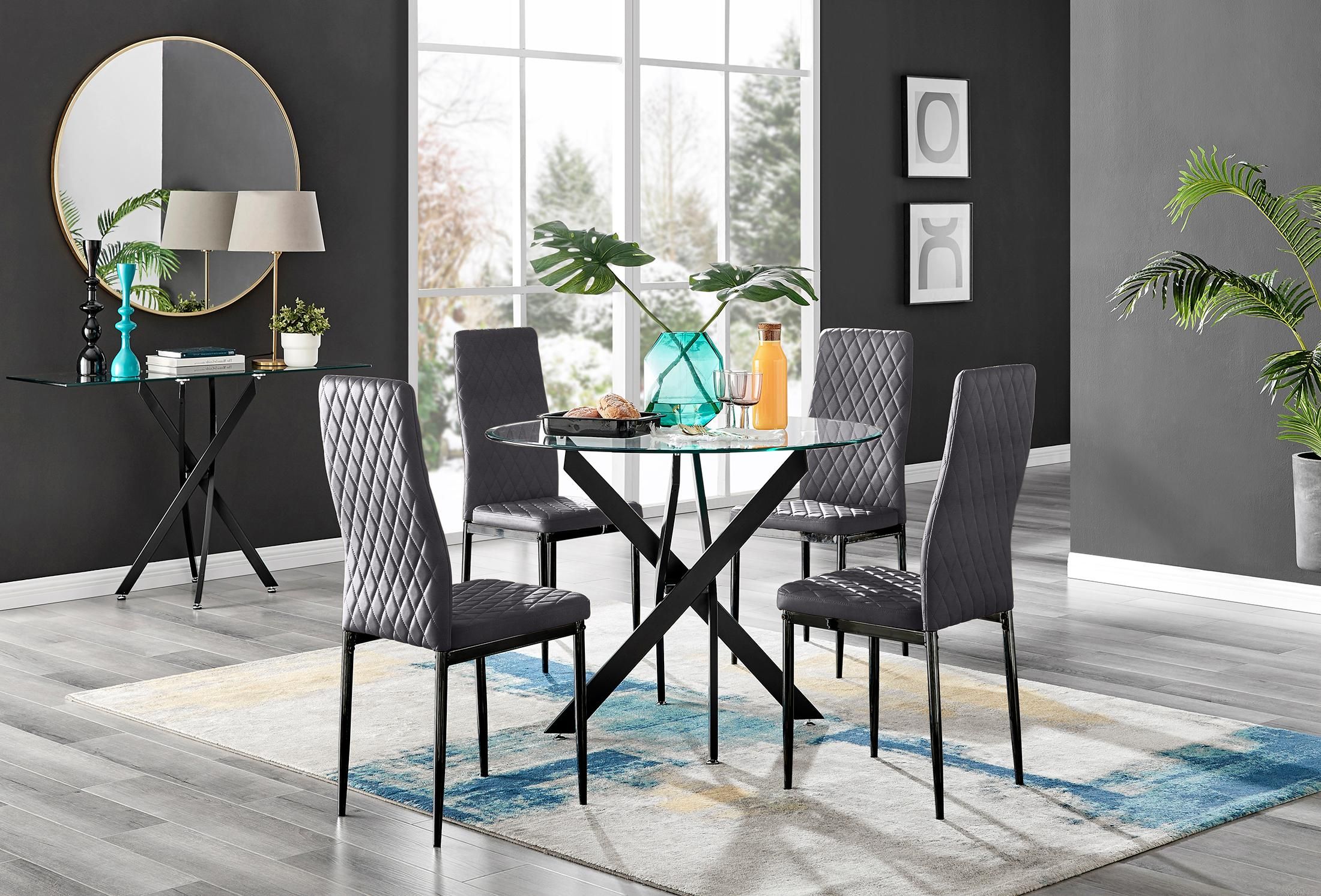 FurnitureboxUK Novara 4 Seater Black Leg Round Glass Dining Table & 4 Milan Soft Velvet Black Leg Chairs in Grey