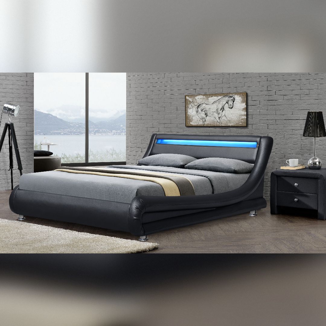 Comfy Living Ltd Italian Style Faux Leather Bedframe With LED Strip in Black