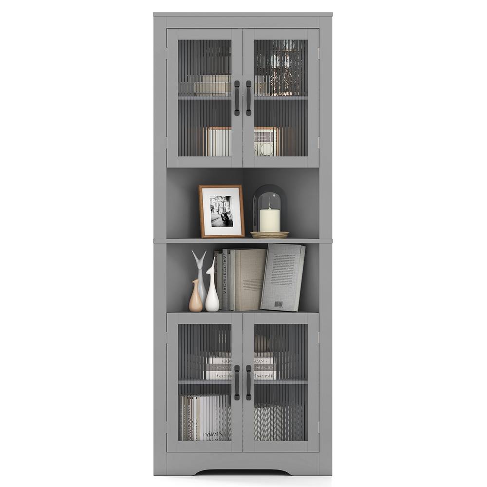 Costway 6-Tier Corner Storage Cabinet 170cm Tall Corner Hutch w/ 4 Glass Doors in Grey