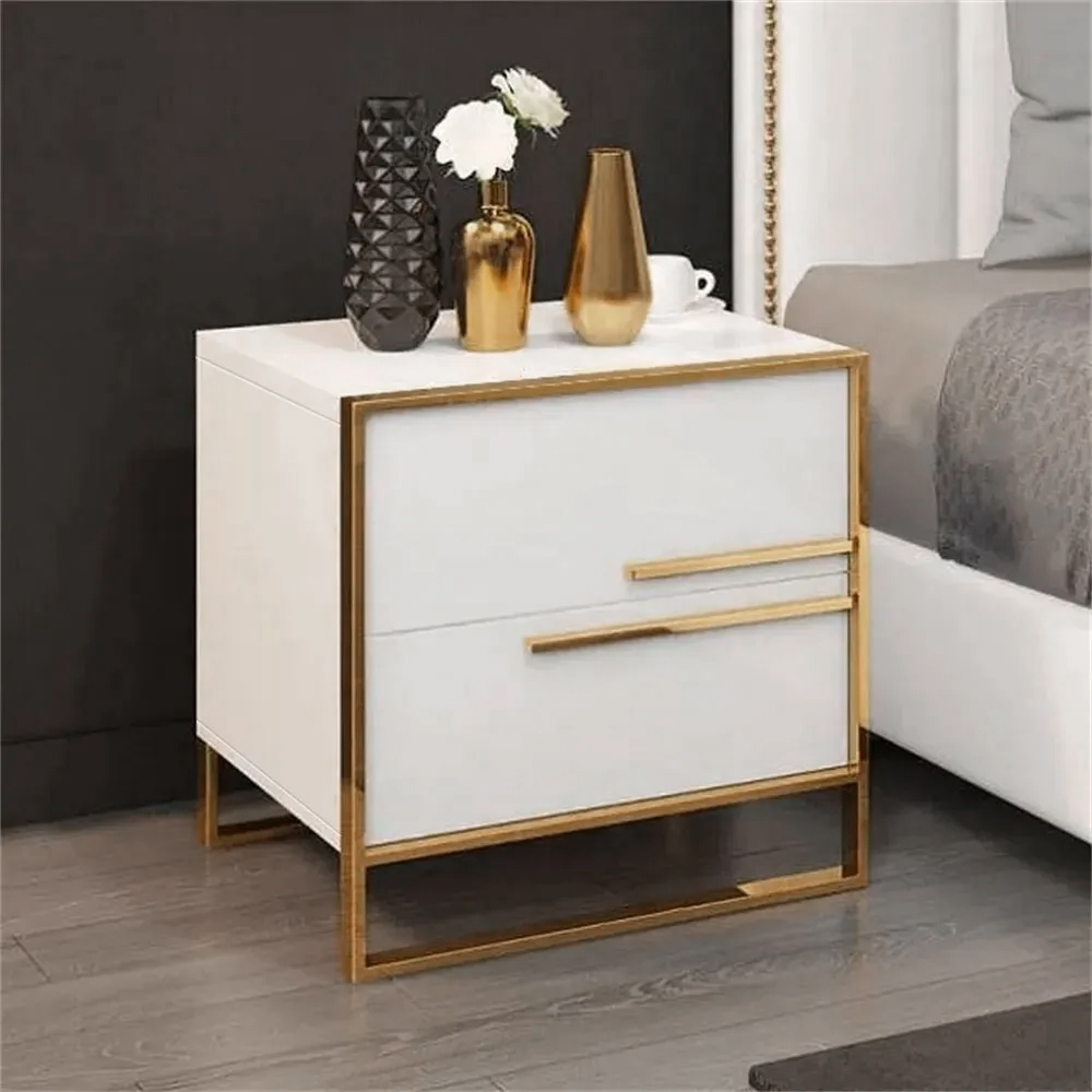 Minimalist Design Bedside Table with 2 Drawers with Gold Base