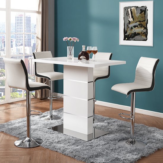 Parini White Gloss Bar Table With 4 Ritz White And Black Stools