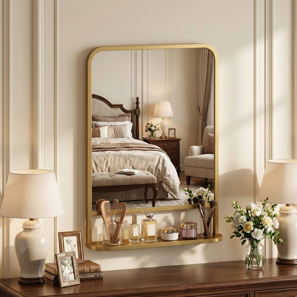 HOMCOM Rectangle Wall Mirror with Shelf 70 x 50 cm, for Living Room, Bedroom in Gold