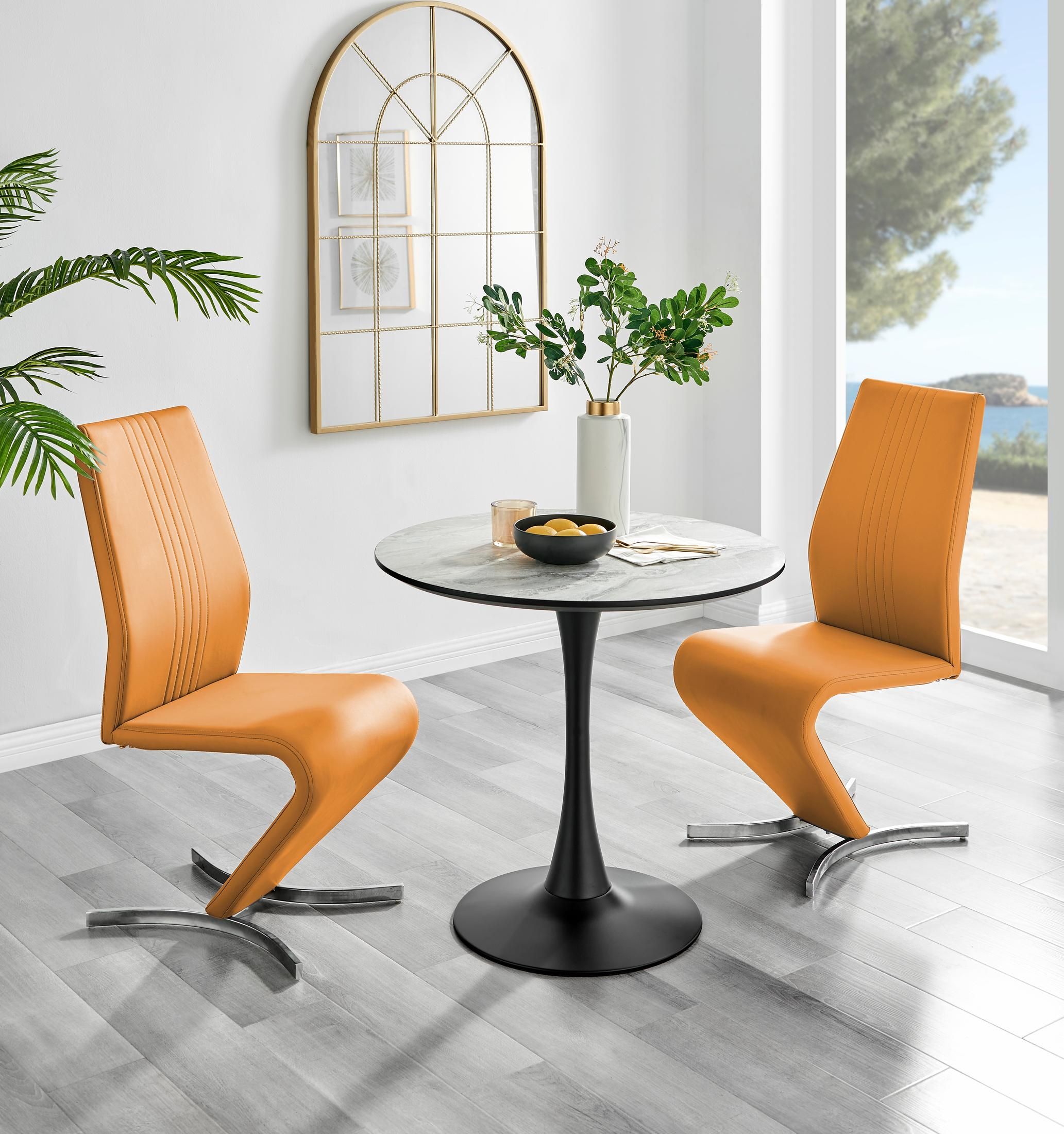 FurnitureboxUK Elina White Marble Effect Scratch Resistant Dining Table & 2 Willow Faux Leather Chairs in Mustard