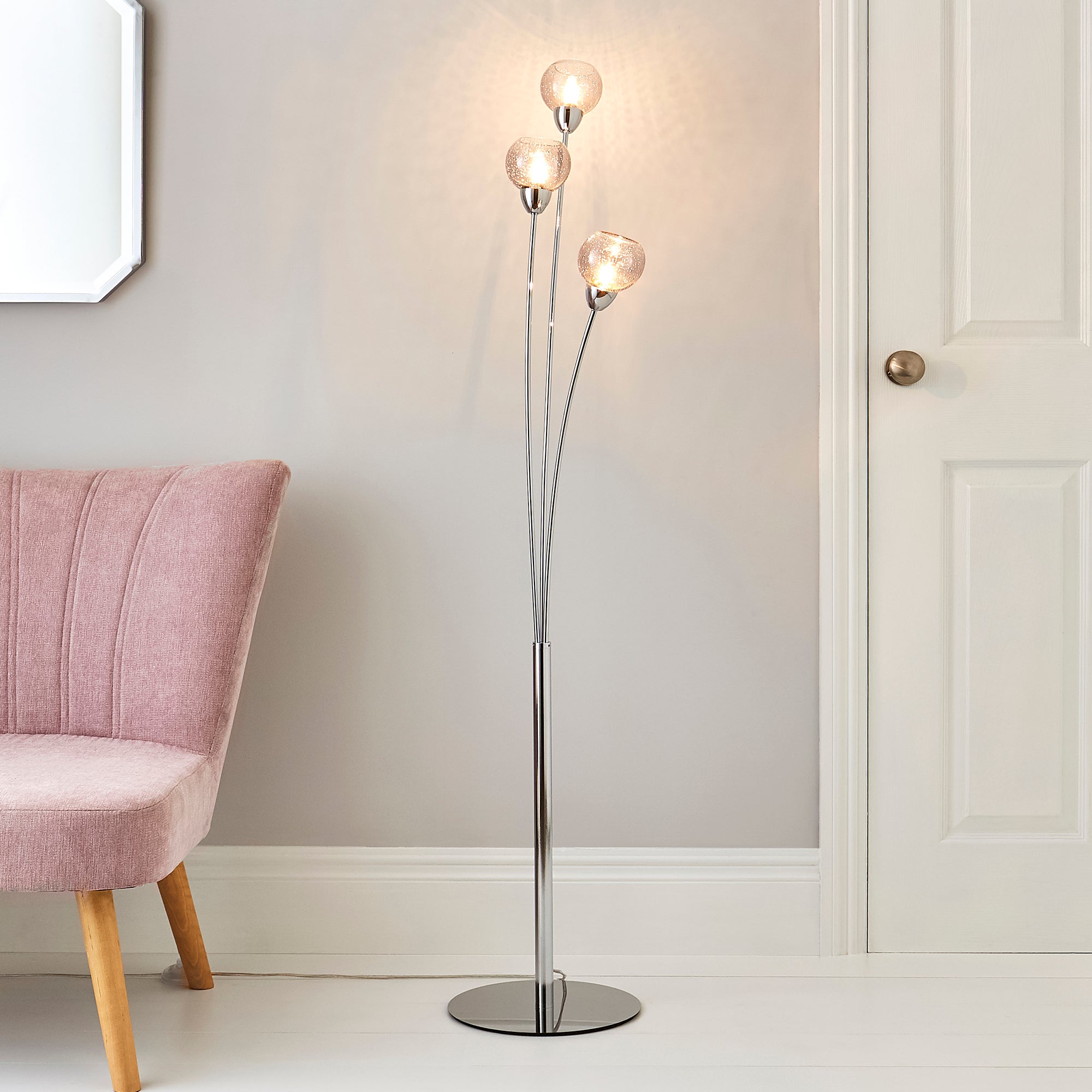 Kelly 3 Arm Bubble Glass Floor Lamp Silver