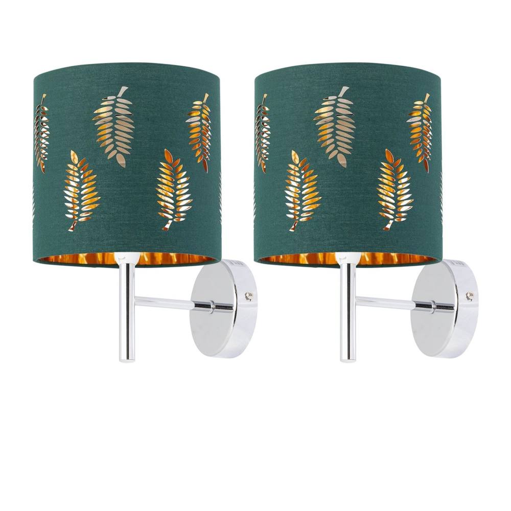 First Choice Lighting Set of 2 Brea - Chrome Wall Lights with Dark Green Fern Shades in Silver