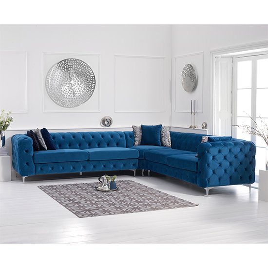 Bruket Velvet Upholstered Corner Sofa In Blue