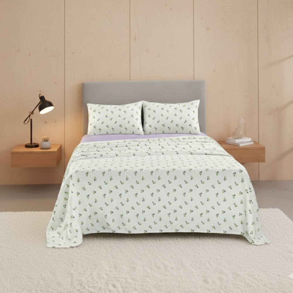 Snug City Soft Flower Print Brushed Cotton Fitted Flat Sheet Matching Pillowcase in Purple