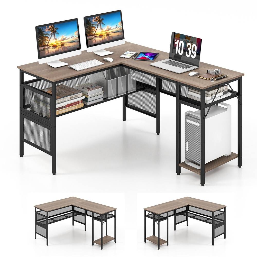 Costway L-Shaped Computer Desk Reversible Corner Workstation w/ Mesh Storage in Grey