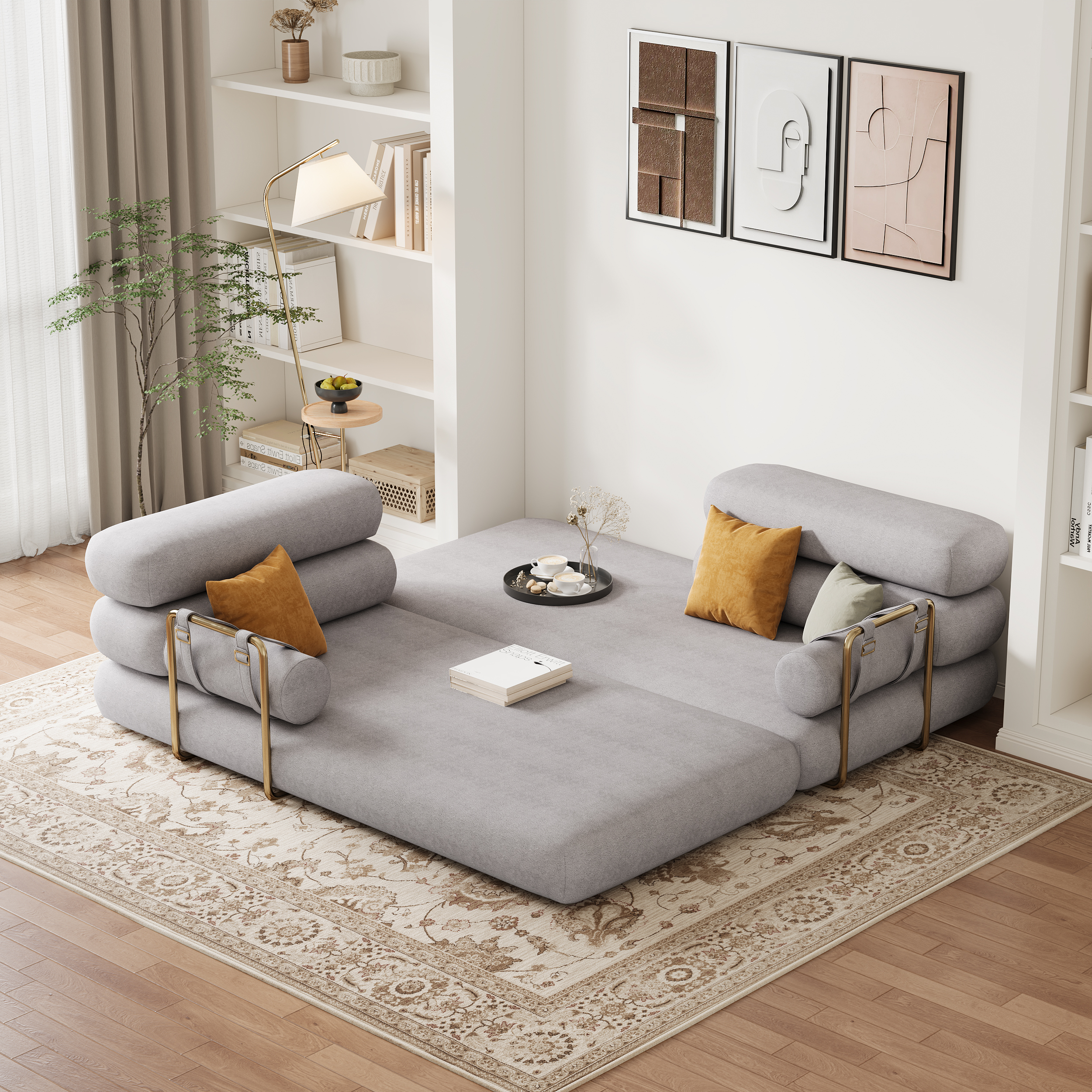 King Size Grey  Velvet Convertible Sleeper Couch 205 cm Modern 3-Seater Futon Sofa Bed