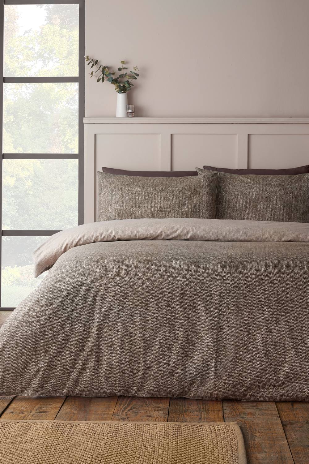 Catherine Lansfield 'Brushed Herringbone' Cotton Reversible Duvet Cover Set in Chocolate