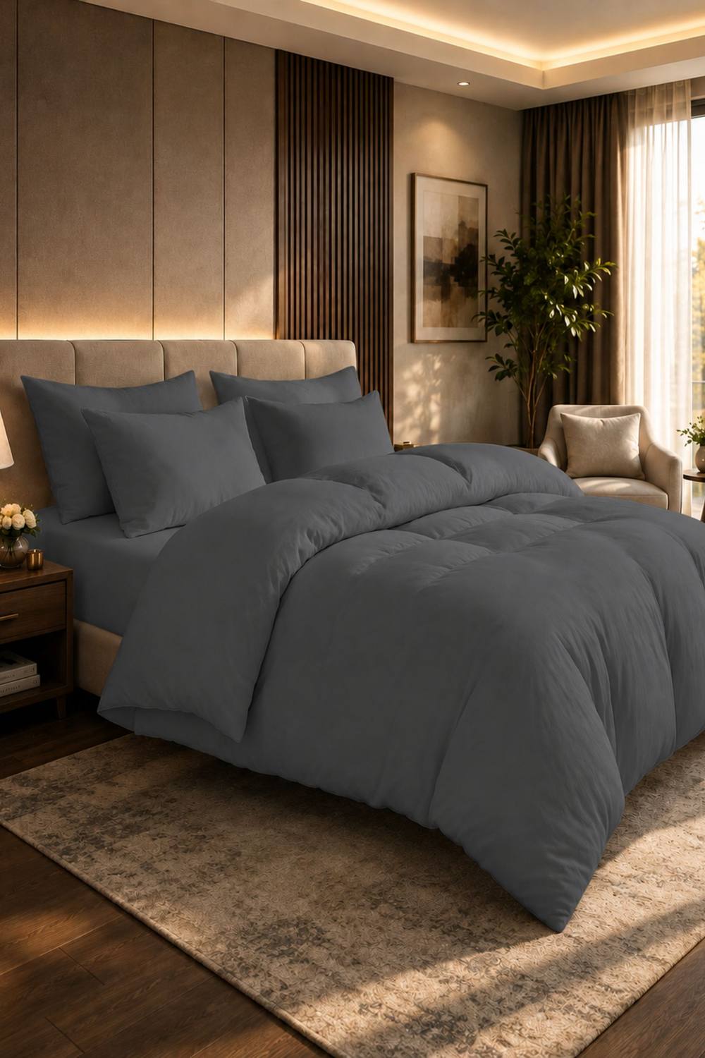 Grace 100% Egyptian Cotton Duvet Cover Set 400 TC with Zipper Closure in Charcoal