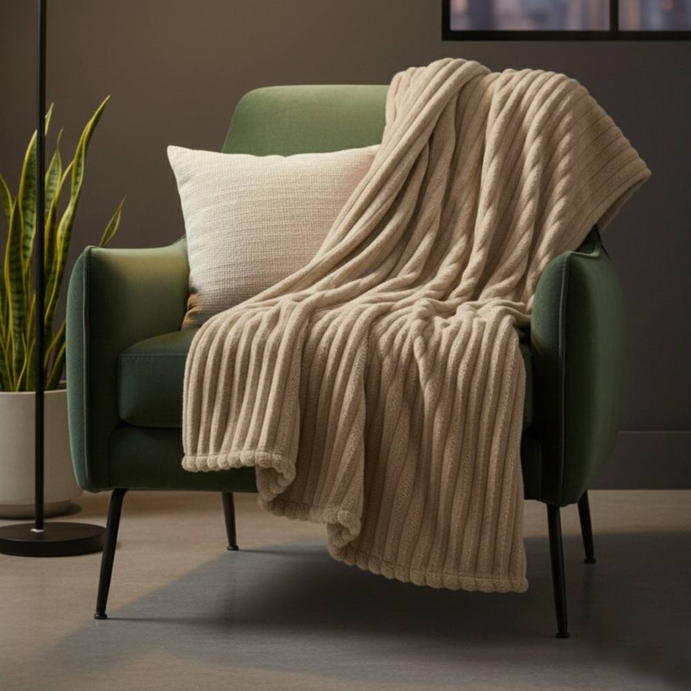 Snug City Chunky Ribbed Mink Throw Ultra Soft Warm Elegant Blanket for Sofa Bed in Beige