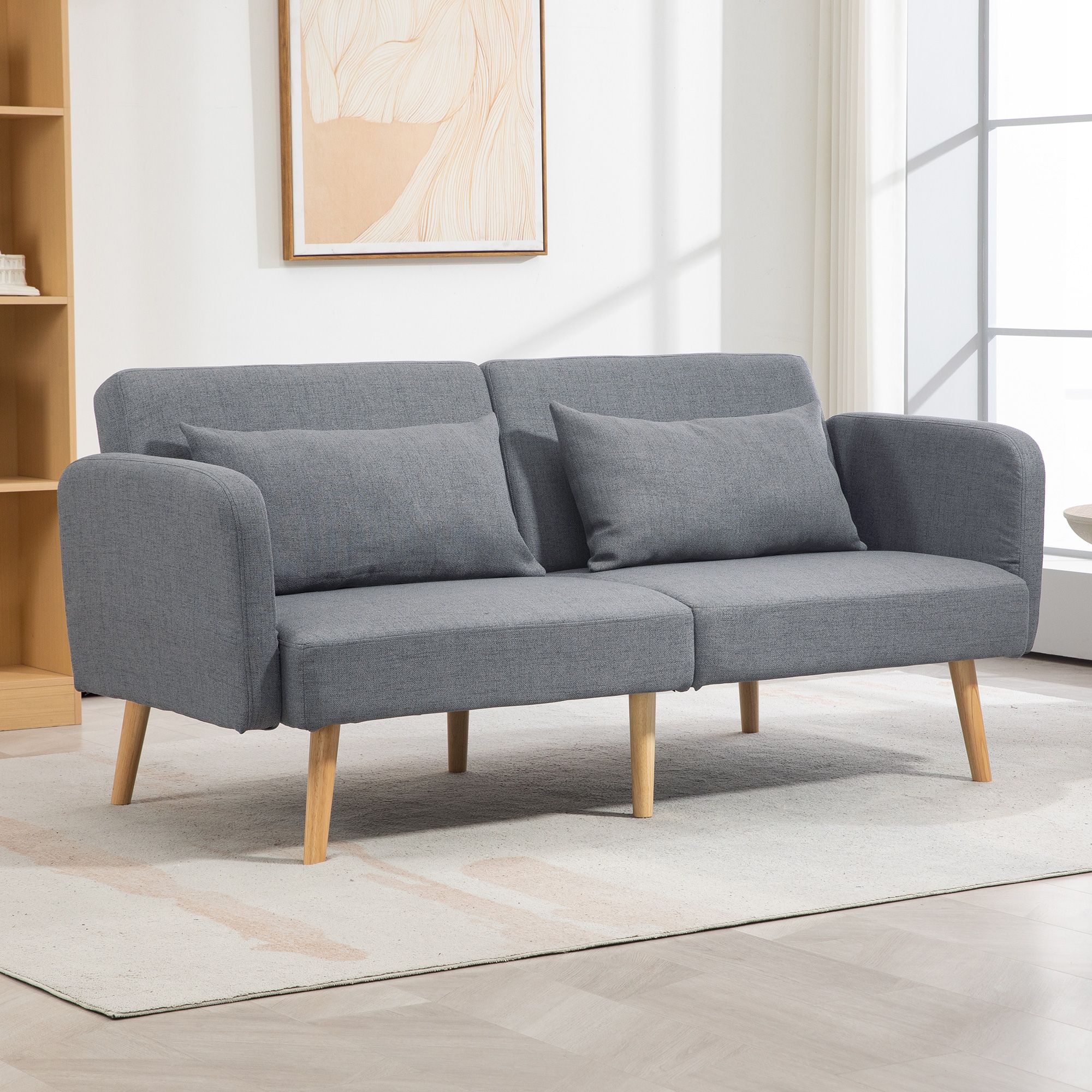 HOMCOM Convertible Sofa Bed, Fabric Sofa Couch with 2 Cushions for Living Room in Grey
