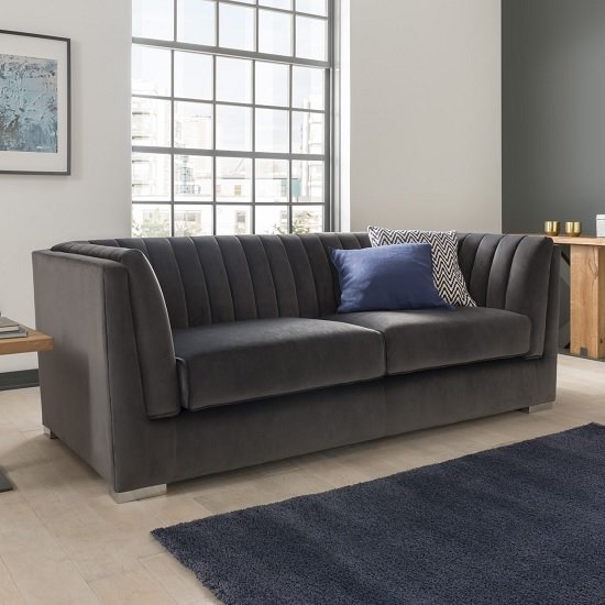 Flores Fabric 3 Seater Sofa In Charcoal Velvet With Chrome Legs