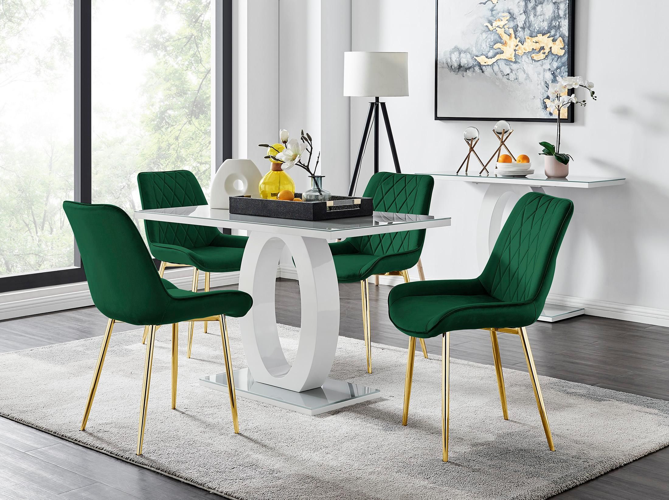 FurnitureboxUK Giovani 4 Grey Dining Table & 4 Pesaro Gold Leg Chairs in Green
