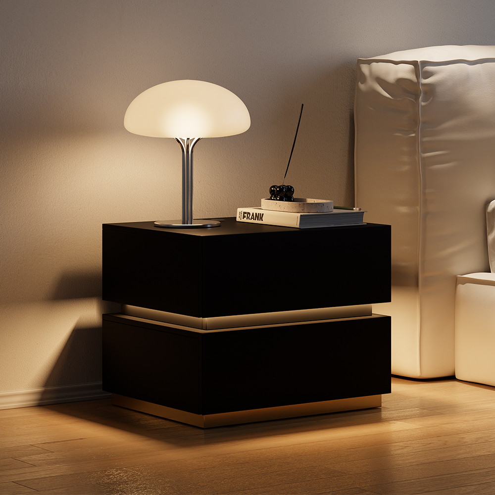 Smart LED Bedside Table Wireless Charging Station Bedside Table with Light Modern in Black