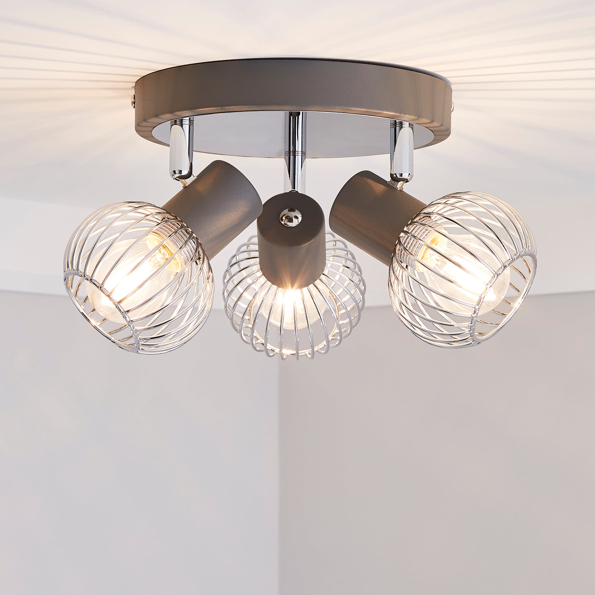 Mattia 3 Light Wire Cage Matt Grey Spotlight Chrome