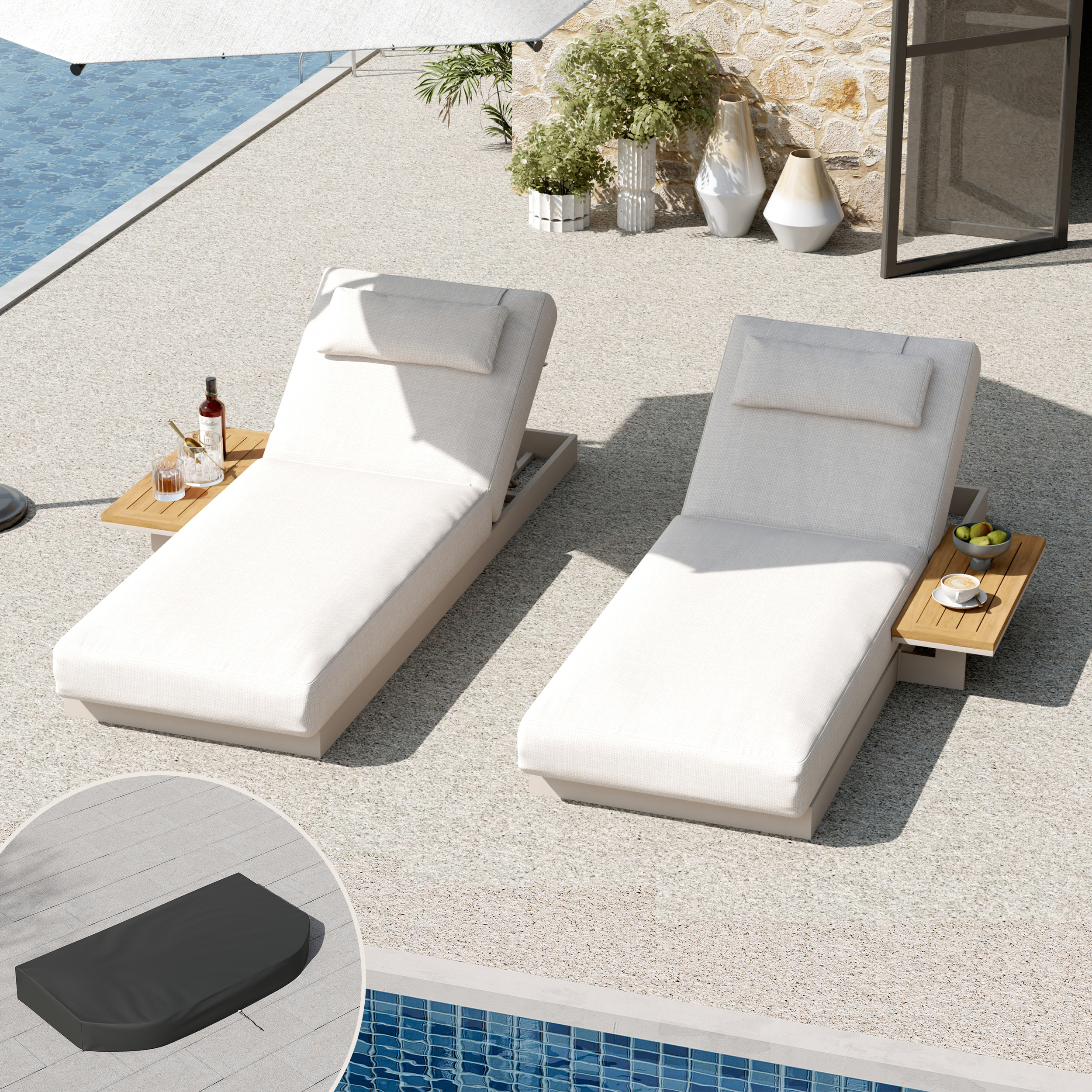 Tevara 2-Piece Sand Teak & Aluminium Adjustable Outdoor Chaise Lounge with Black Cover