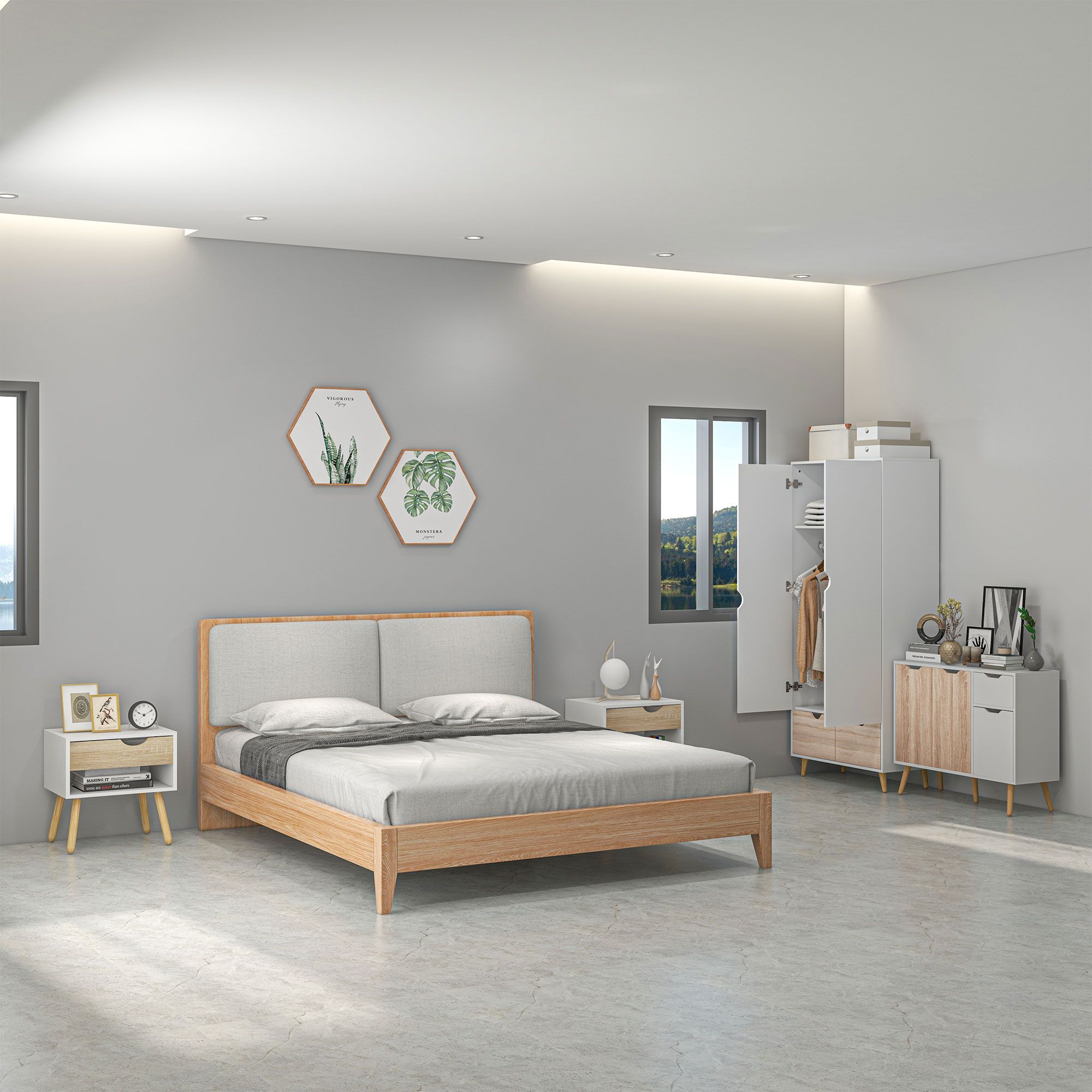 HOMCOM Wardrobe w/ Hanging Rod 1 Side Cabinet 2 Bedside Tables w/ Storage in Natural